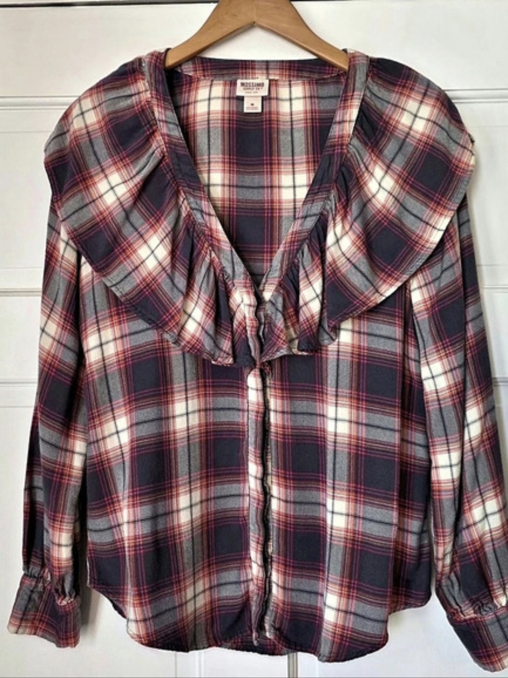 Mossimo Plaid Ruffle Blouse in Red & Gray Size Medium Like New